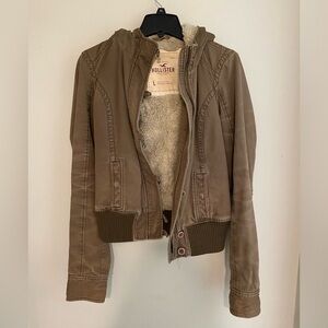 Hollister Womens Faux Fur Lined Size L Bomber Jacket Brown Winter Coat
